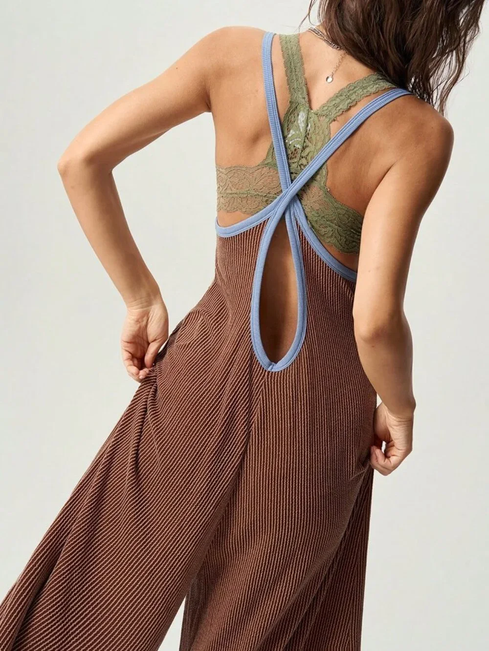 Chocolate Brown Sexy Women's Casual Knit Colorblock Jumpsuit
